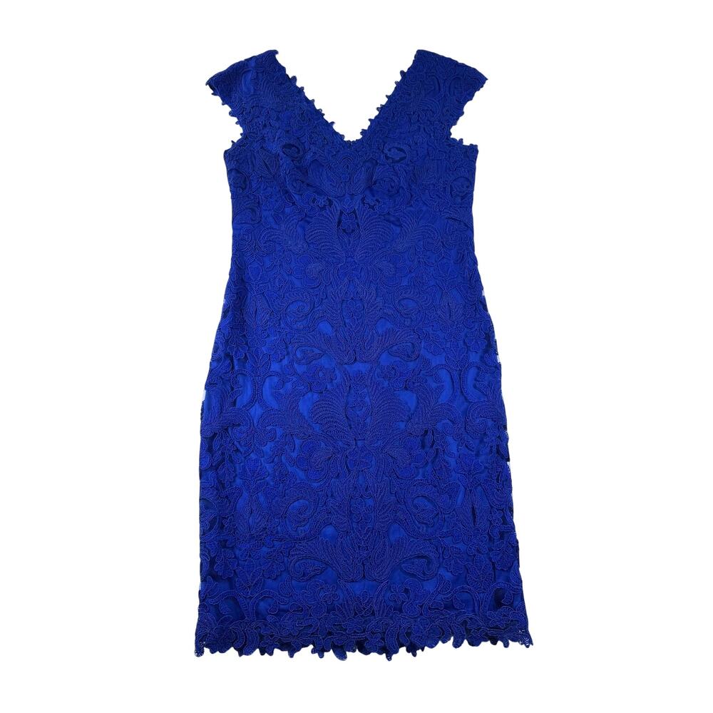 Tadashi Shoji Size 10 Scalloped Corded Lace V-Neck Sheath Dress Royal Blue